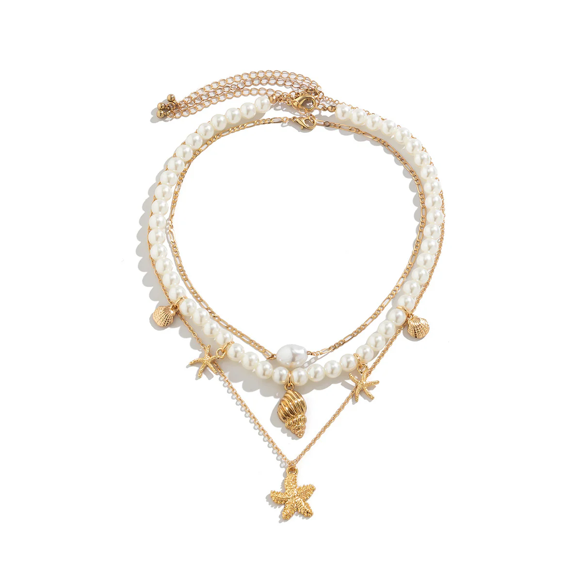 Stringed Bead Necklace, Beach Imitation Pearl Choker, Starfish Shell Retro Vacation Necklace