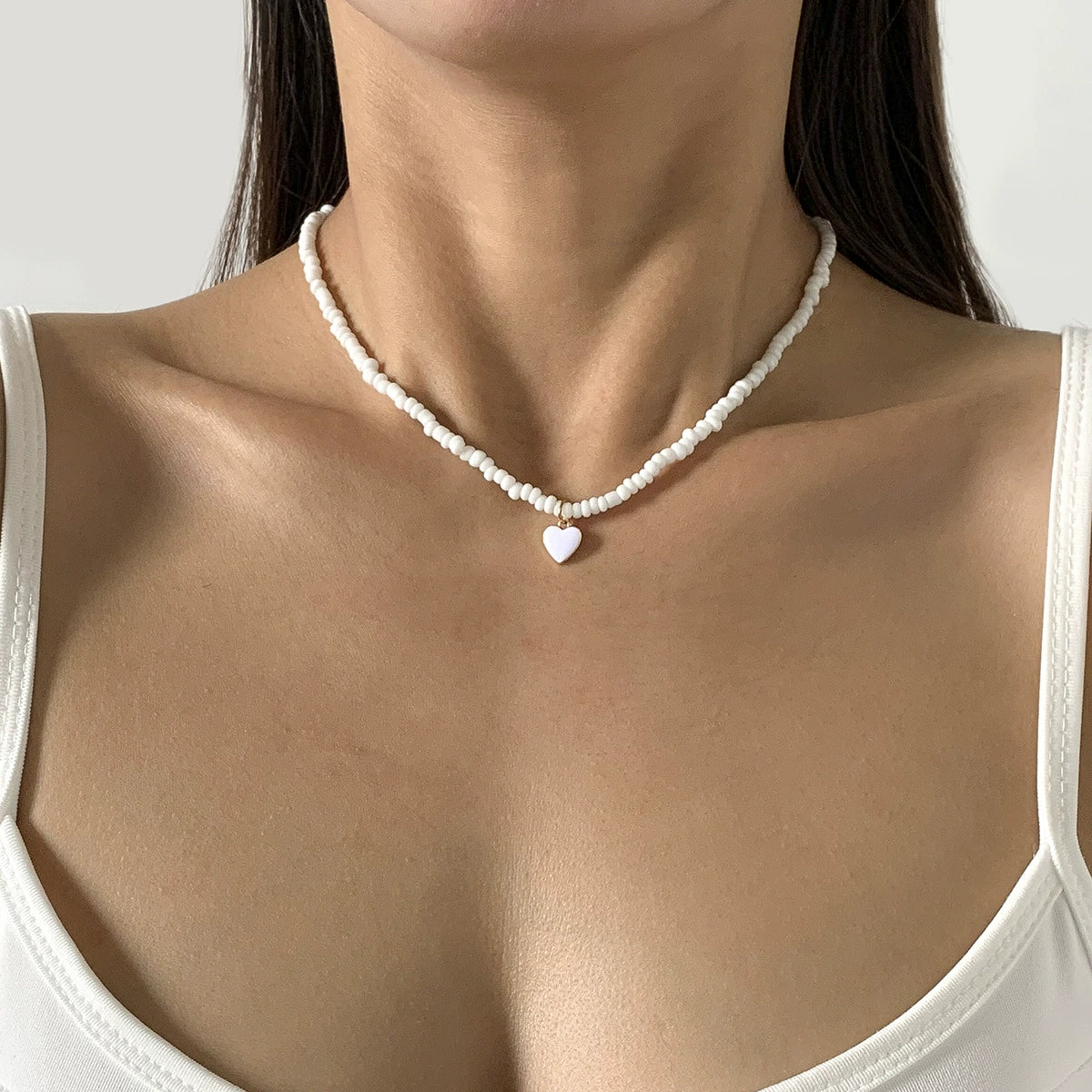 Dripping Oil Peach Heart Simple Rice Bead Handmade Necklace Geometric Stacked Bead Necklace