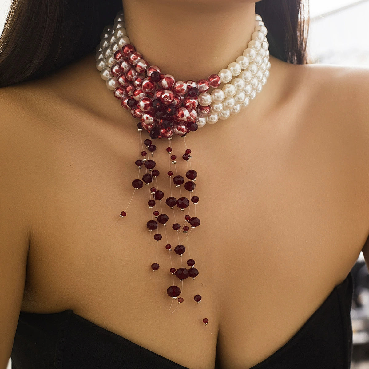 Sweet and Cool Gothic Blood Drop Tassel Collar Necklace Halloween Personalized Bead Choker
