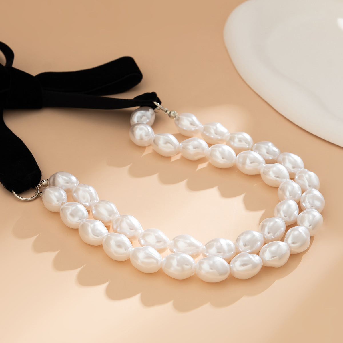 Vintage long bow collarbone chain necklace DIY lace up velvet pearl necklace for women