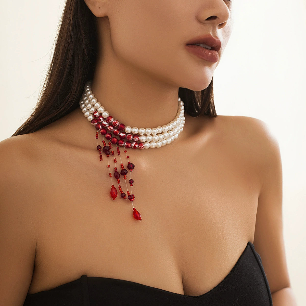 Sweet and Cool Gothic Blood Drop Tassel Collar Necklace Halloween Personalized Bead Choker