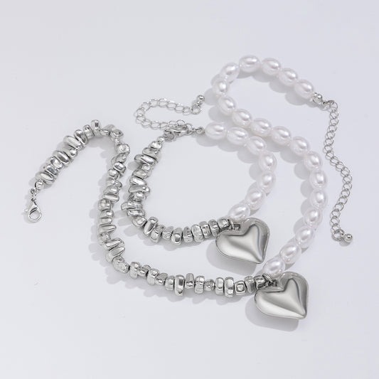 Hollow out versatile bead collarbone chain simple multi-layer heart-shaped alloy pendant necklace bracelet set