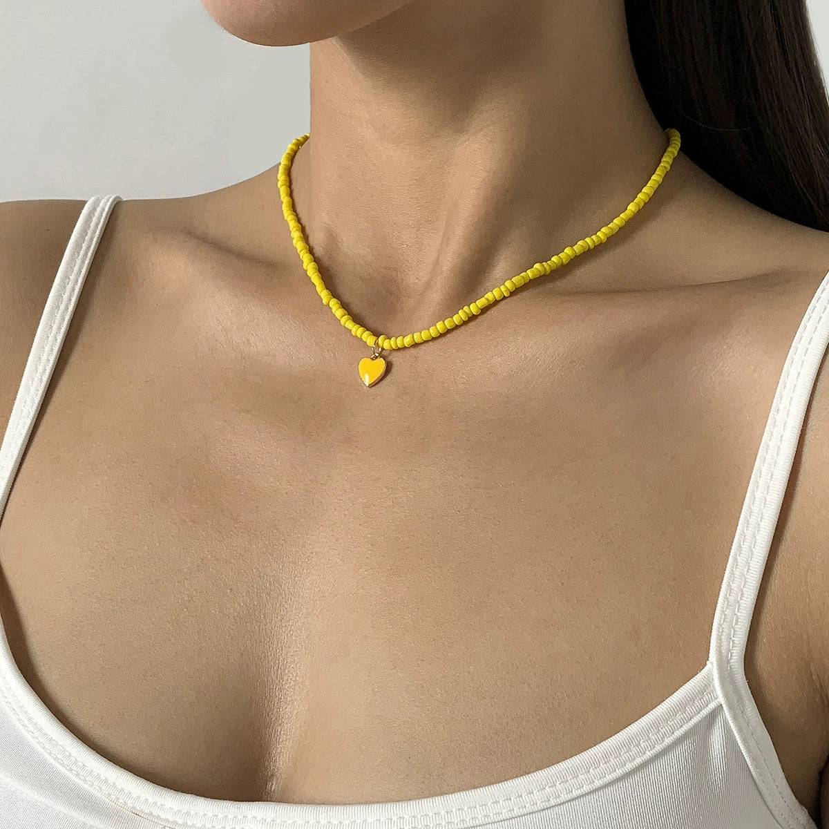 Dripping Oil Peach Heart Simple Rice Bead Handmade Necklace Geometric Stacked Bead Necklace