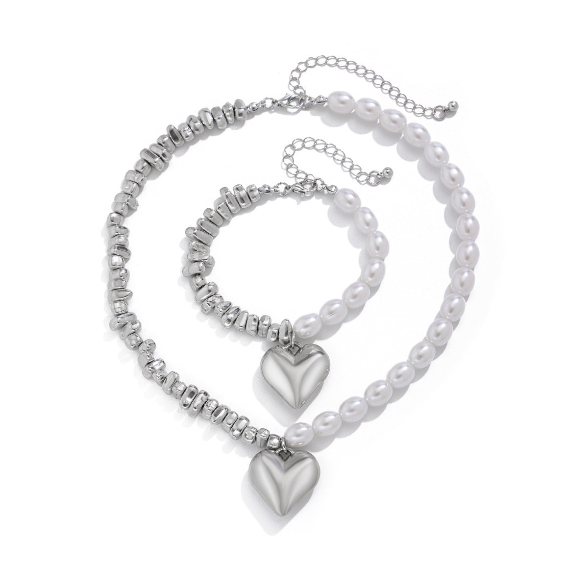 Hollow out versatile bead collarbone chain simple multi-layer heart-shaped alloy pendant necklace bracelet set