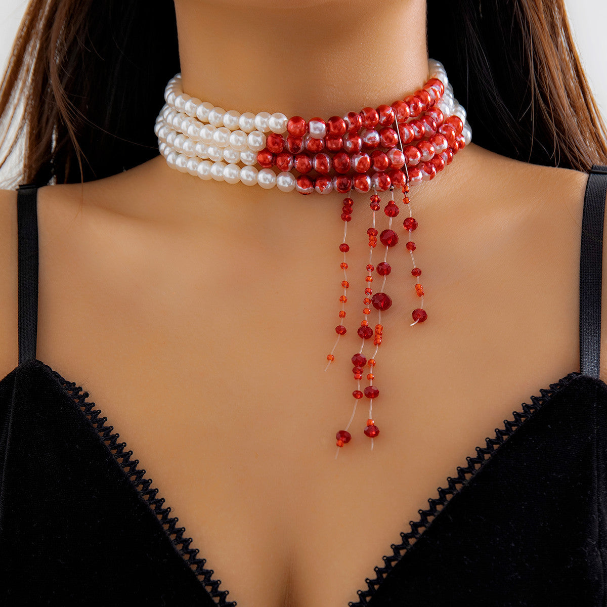 Sweet and Cool Gothic Blood Drop Tassel Collar Necklace Halloween Personalized Bead Choker