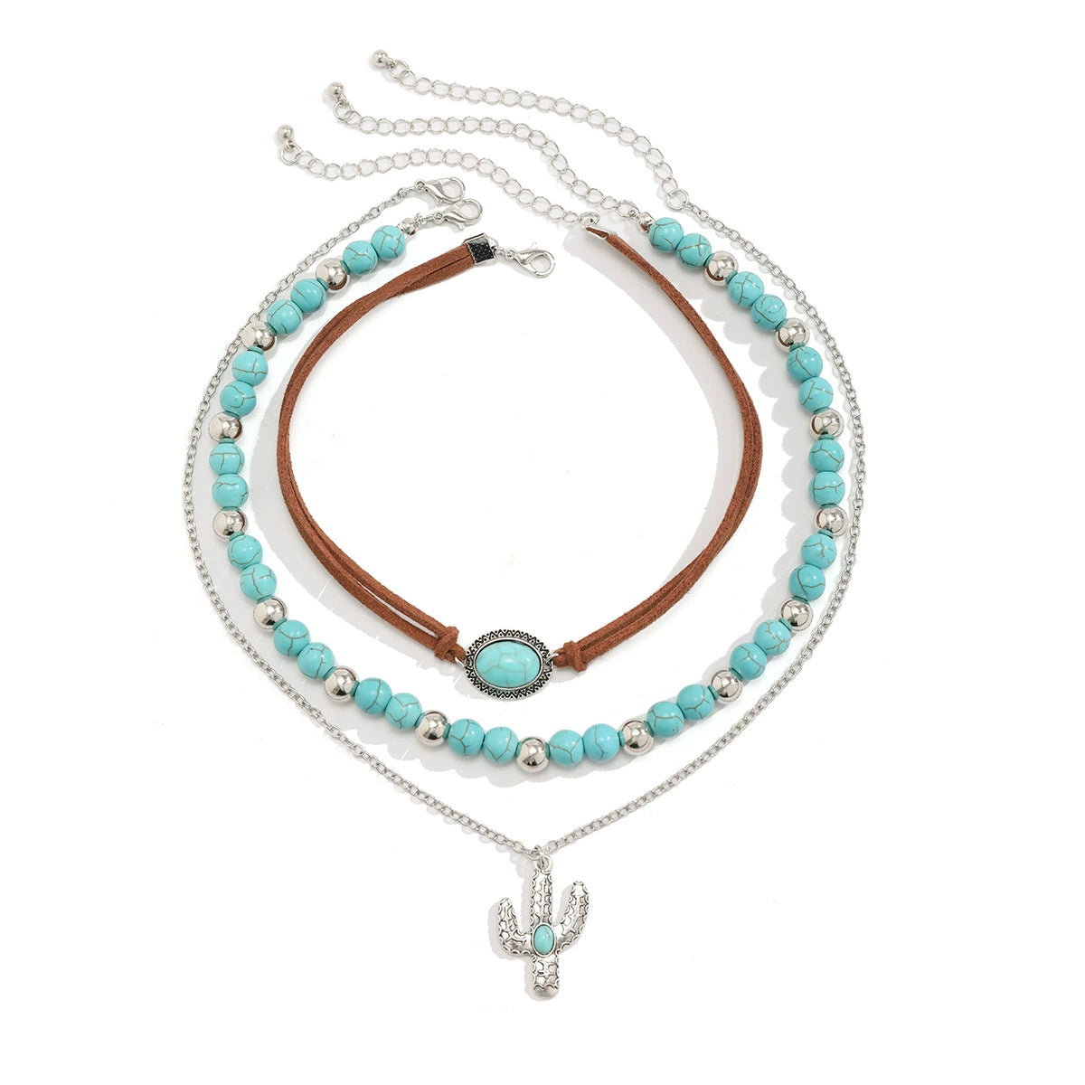 Vintage natural turquoise collarbone mutlielayer chain niche bead necklace set ethnic style cactus necklace
