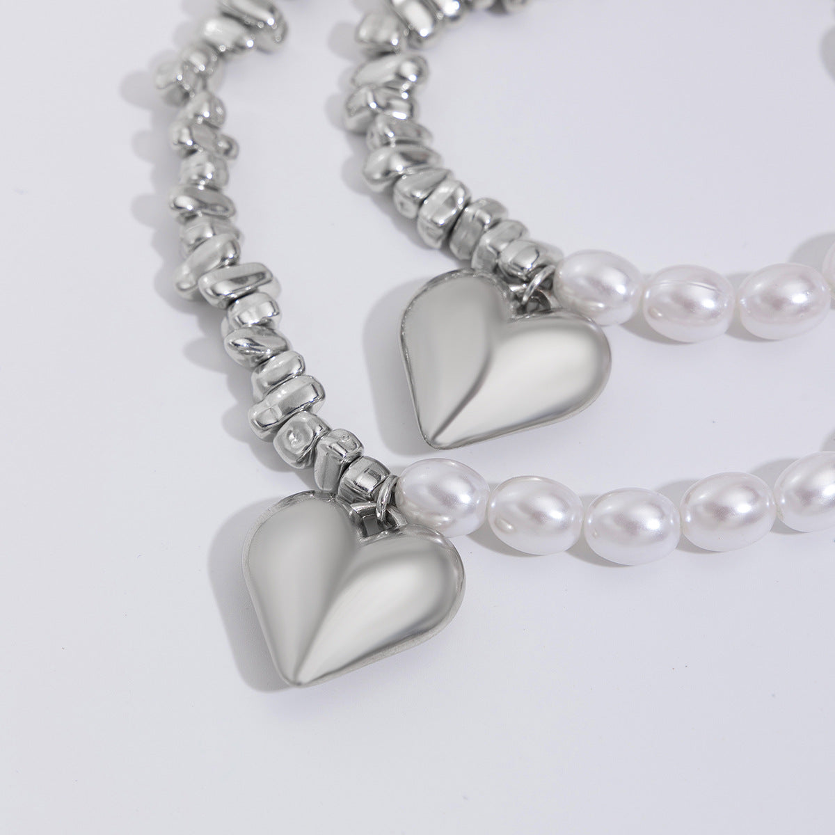 Hollow out versatile bead collarbone chain simple multi-layer heart-shaped alloy pendant necklace bracelet set