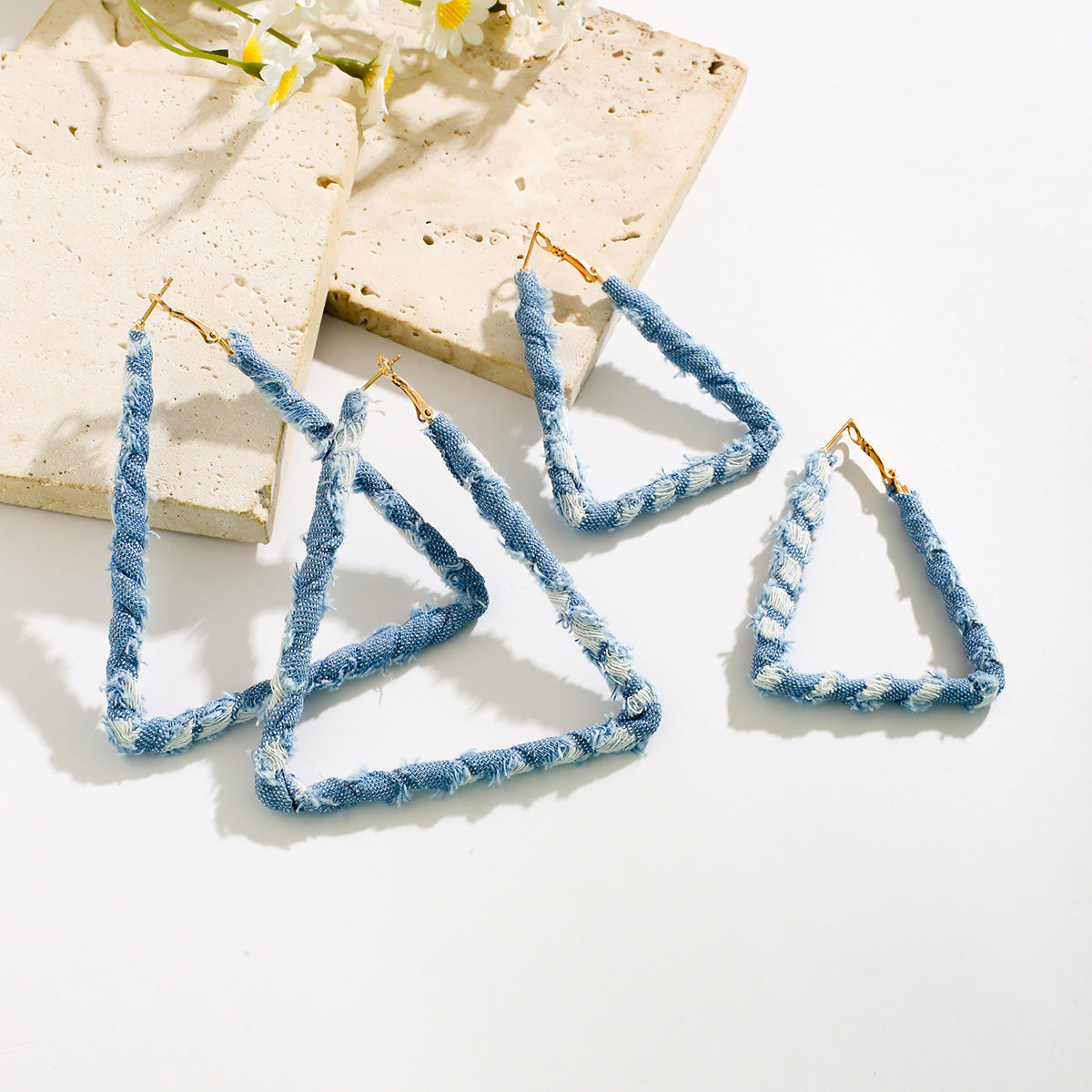 Small niche design, sweet cool denin geometric ring earrings, French temperament, simple denim earrings