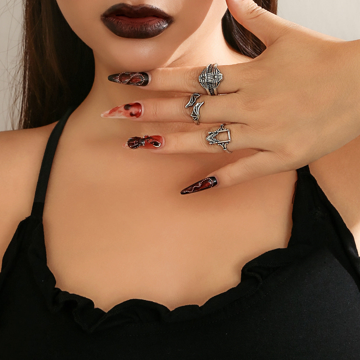 Dark punk Distress retro joint ring set ring, hip-hop carved bat couple ring accessory