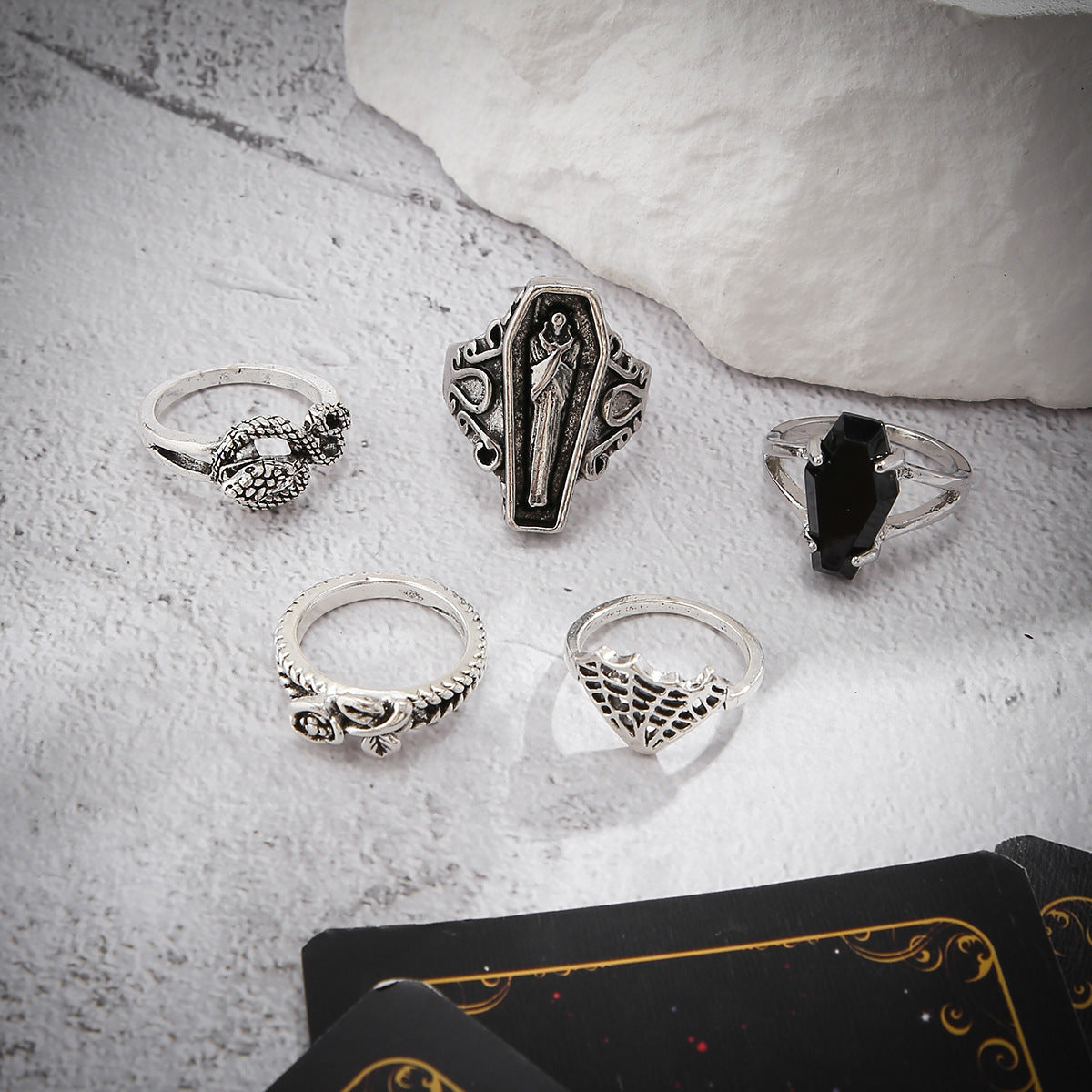 Dark punk retro joint ring set ring, hip-hop carved bat couple ring accessory set (five in one)
