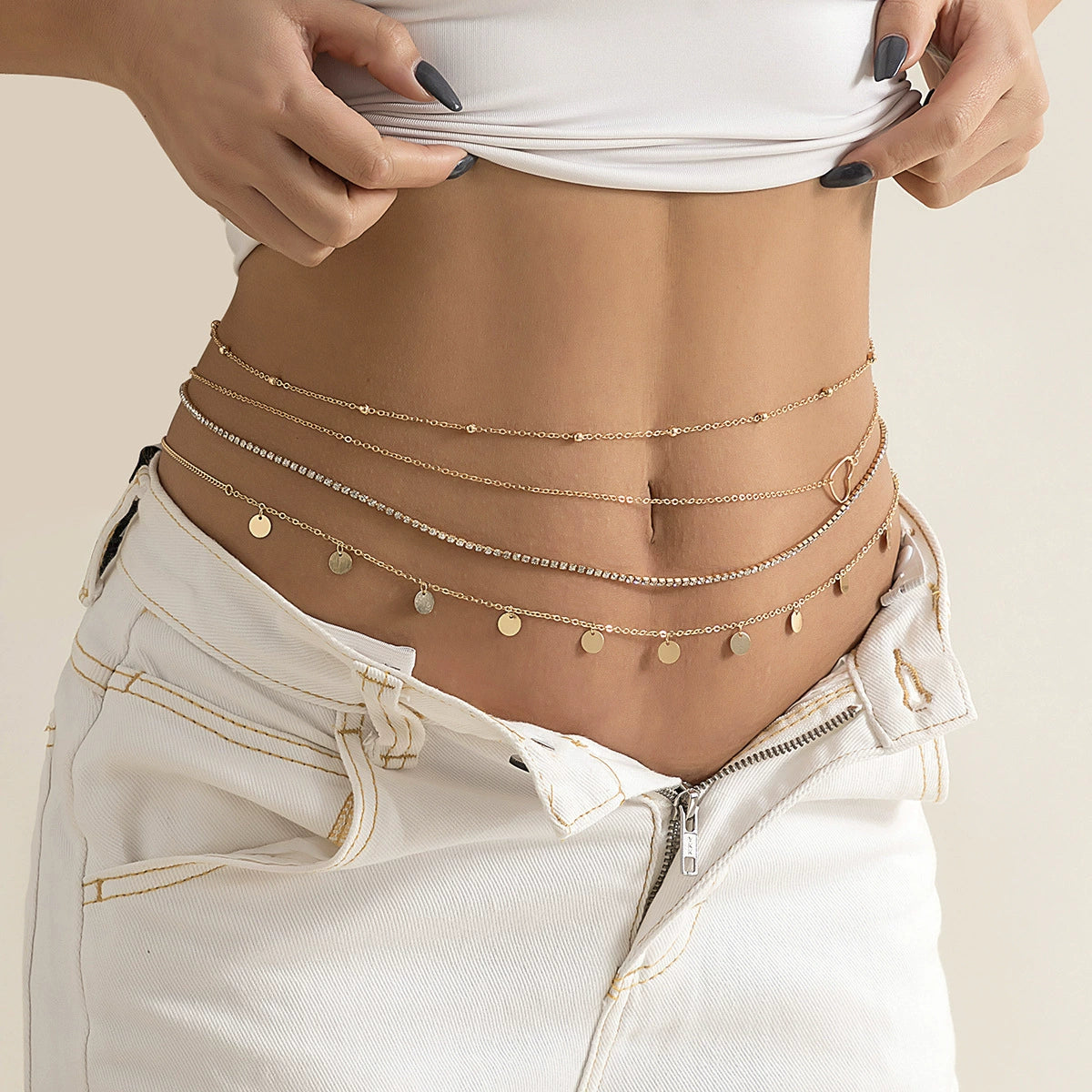 Sexy multi-layer tassel sequin silver chain waist chain street snap trendy beach rhinestone heart thin body chain
