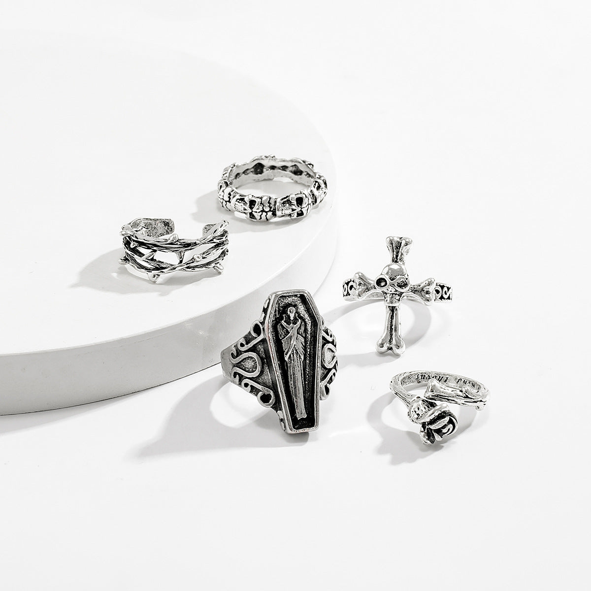 Dark punk retro joint ring set ring, hip-hop carved bat couple ring accessory set (five in one)