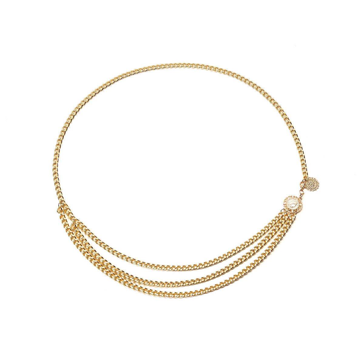 Alloy multi-layer exaggerated body chain, female queen portrait, retro street photoshoot, waist chain