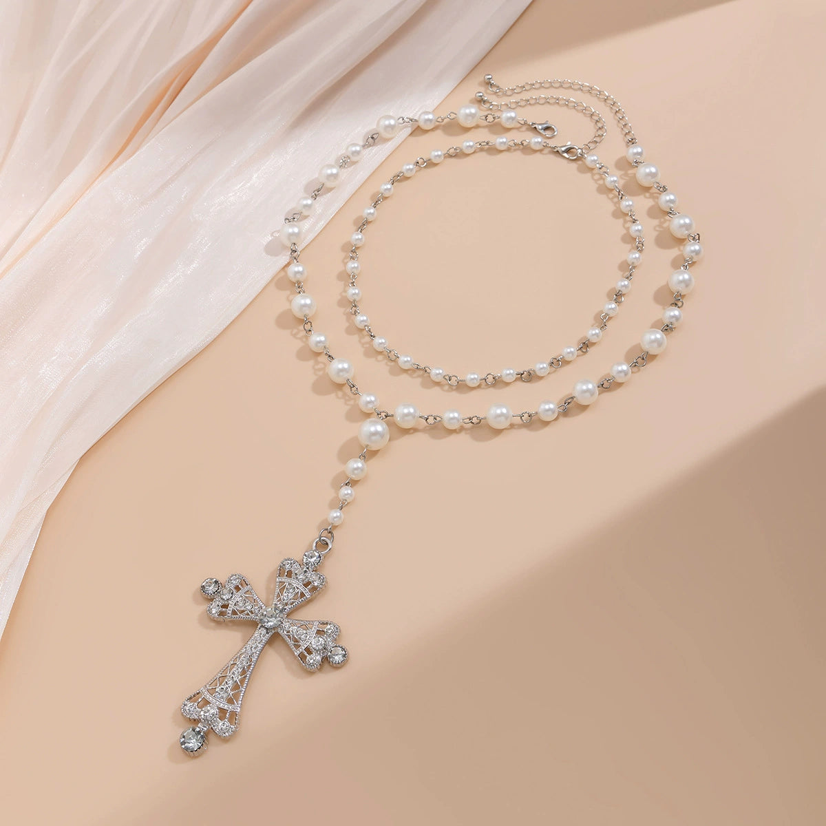 Fashionable multi-layer imitation pearl cross collar ins geometric alloy collarbone chain