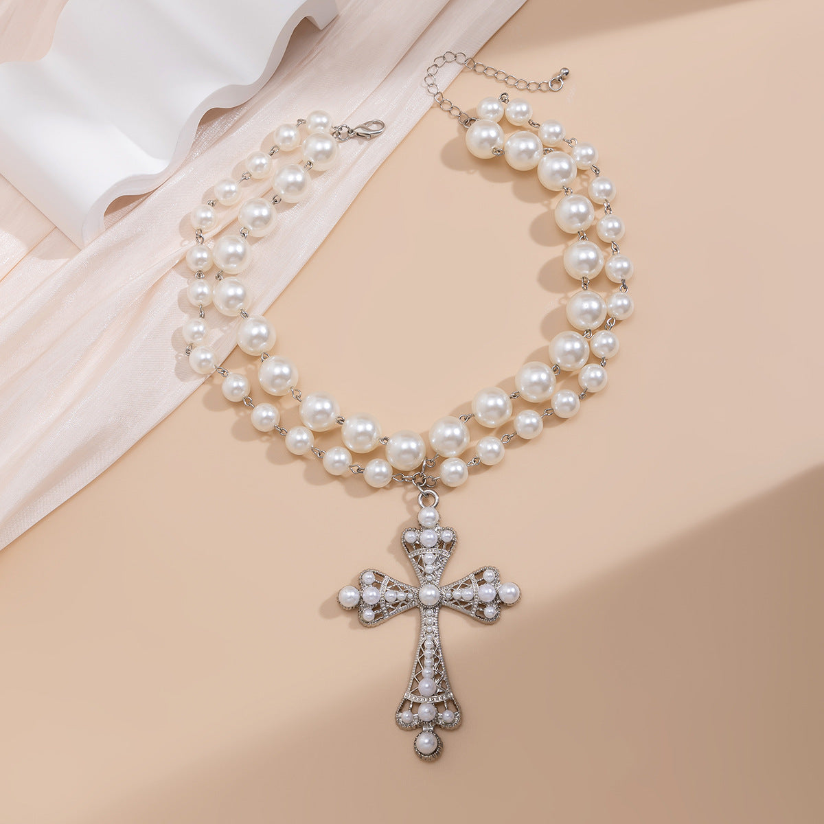 Fashionable multi-layer imitation pearl cross collar ins geometric alloy collarbone chain