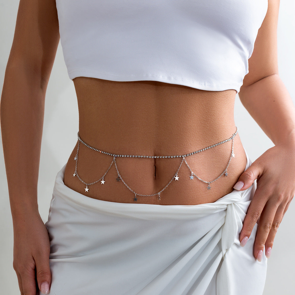 Minimally designed double layered snake bone chain, women's body chain, vacation style metal cross, tassel waist chain