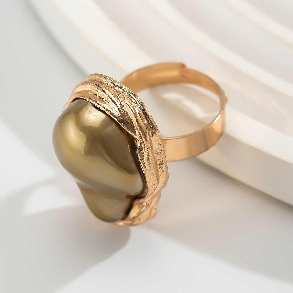 14K Gold Baroque Pearl Ring for Women – Unique Irregular adjustable Natural Pearl Statement Jewelry with Textured Band, Elegant Dainty Stackable Ring