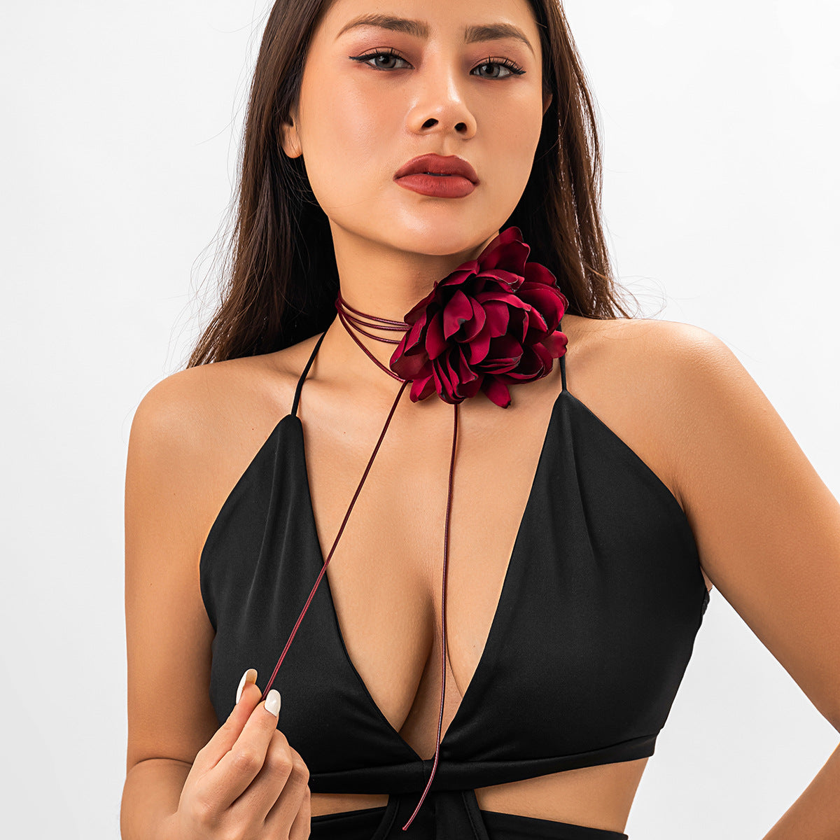 Retro Pulling Choker Fabric Flower Collar Simple Wax Thread Ribbon Tassel Necklace (Style 5708)