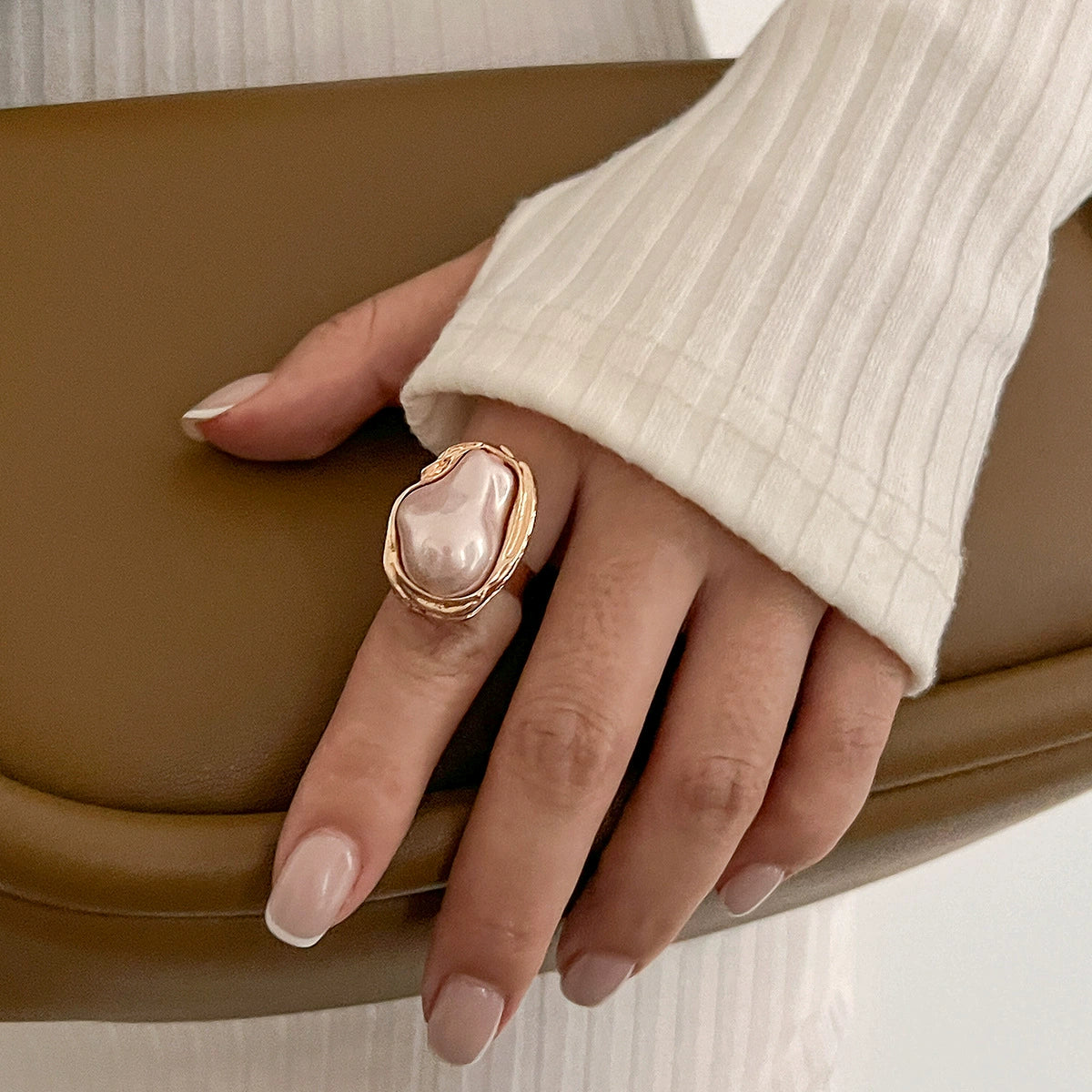 14K Gold Baroque Pearl Ring for Women – Unique Irregular adjustable Natural Pearl Statement Jewelry with Textured Band, Elegant Dainty Stackable Ring