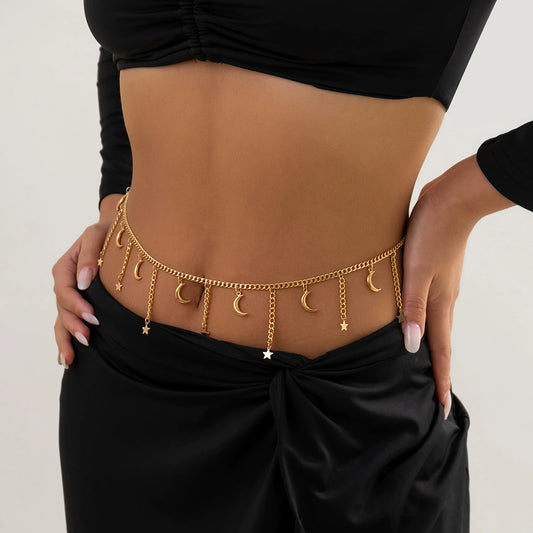 Minimally designed double layered snake bone chain, women's body chain, vacation style metal cross, tassel waist chain