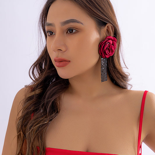 Vacation style rose flower earrings, colorful tassel fabric floral earrings Product Category: Earrings
