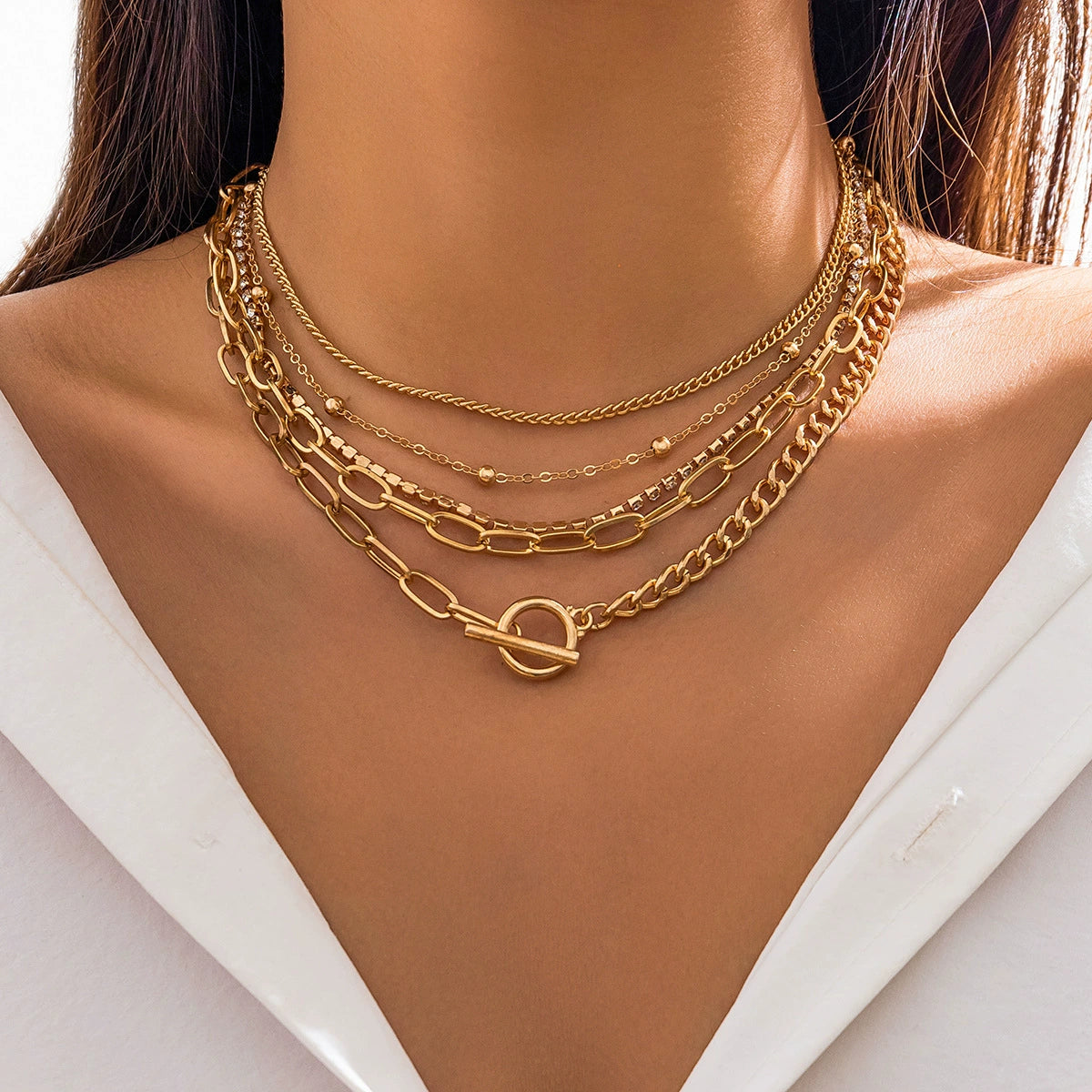 Luxury Layered Gold Necklace Set for Women – 5-Piece Mixed Chain Statement Jewelry with T-Bar Clasp collection chain necklace choker set