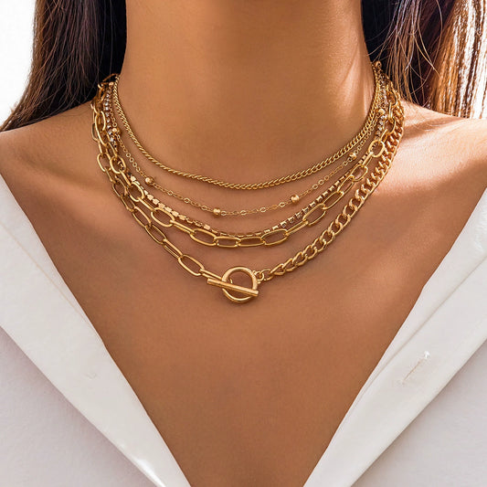 Luxury Layered Gold Necklace Set for Women – 5-Piece Mixed Chain Statement Jewelry with T-Bar Clasp collection chain necklace choker set