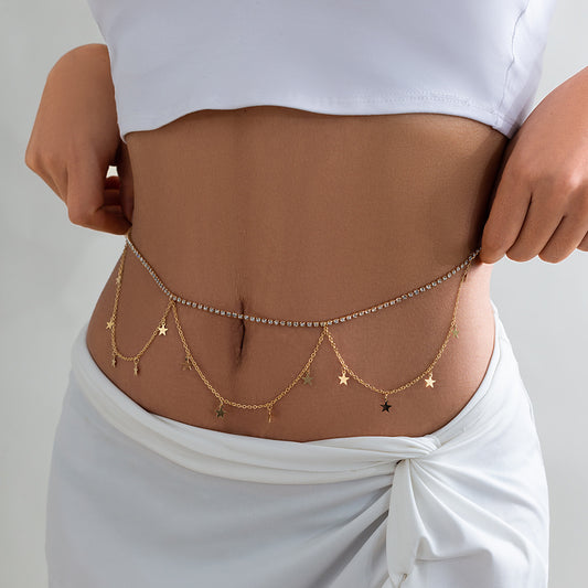 Minimally designed double layered snake bone chain, women's body chain, vacation style metal cross, tassel waist chain