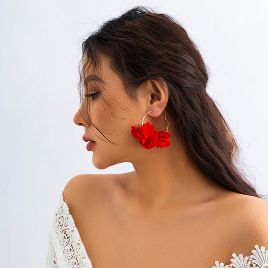 Vacation style rose flower earrings, colorful tassel fabric floral earrings Product Category: Earrings