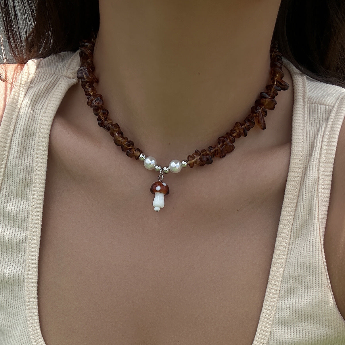 Hot girl style dopamine  mushroom sun necklace with colorful irregular gravel collarbone necklace