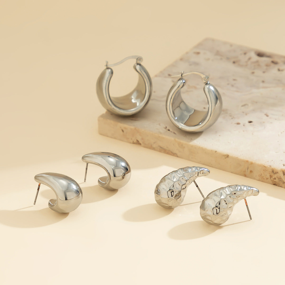 Personalized design, photosensitive surface, bean earrings, plain circle, wrinkled water droplet earrings, geometric earrings（three in one)）