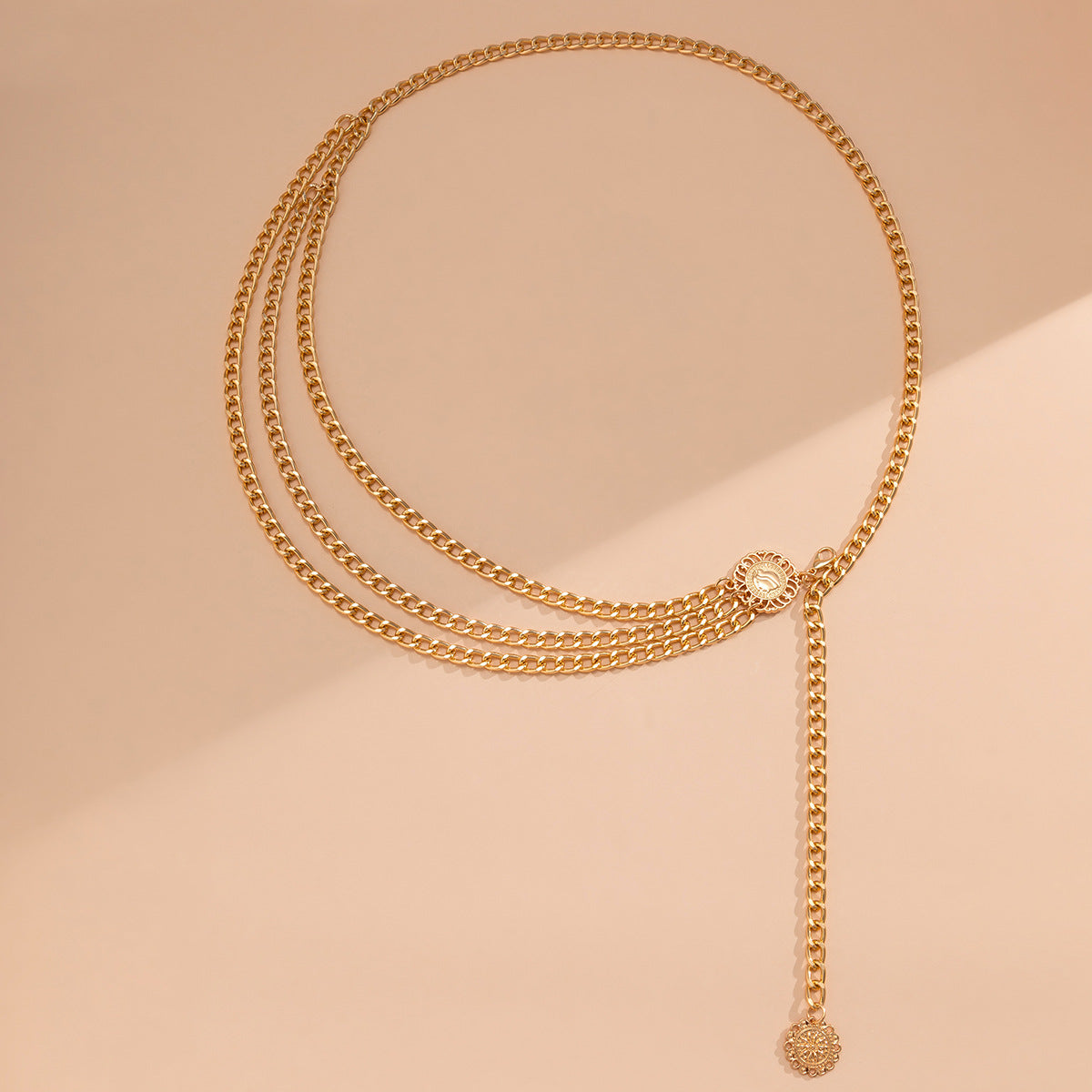 Alloy multi-layer exaggerated body chain, female queen portrait, retro street photoshoot, waist chain