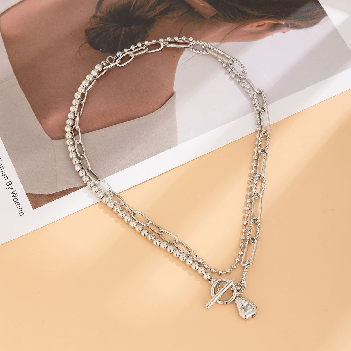 Retro pearl patchwork simple necklace with female creative temperament, round bead chain layered necklace decoration