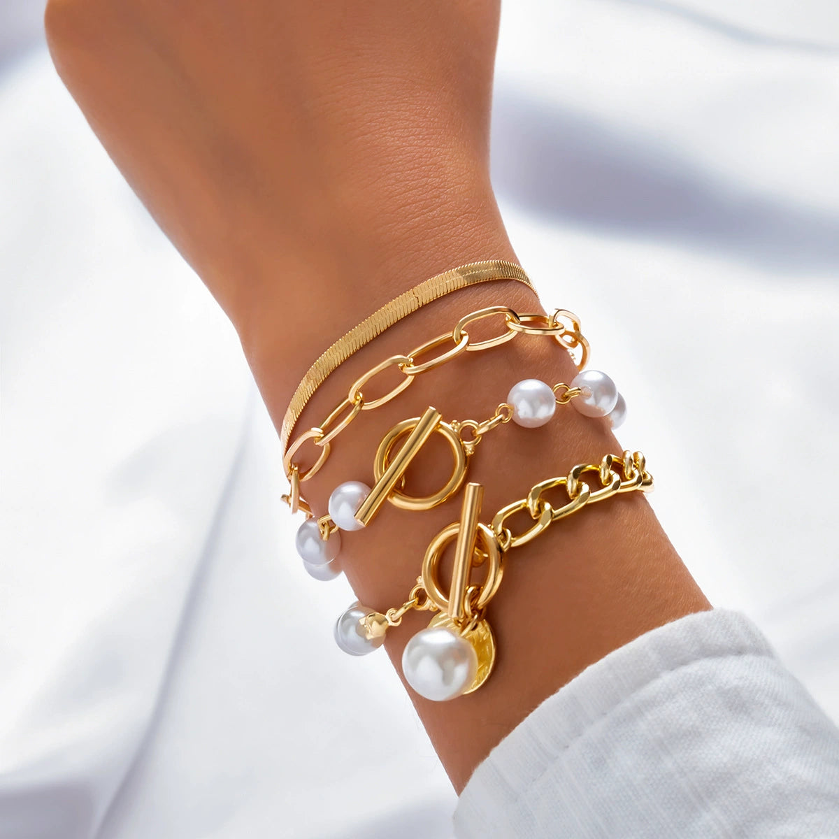 Exaggerated pearl temperament adjustable choker versatile collarbone chain multi-layer bead bracelet set for women