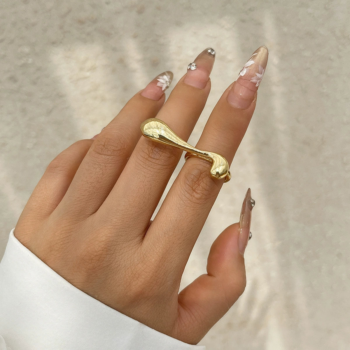 Irregular Water Drop Open Ring Fashion Texture Flower Pearl Ring