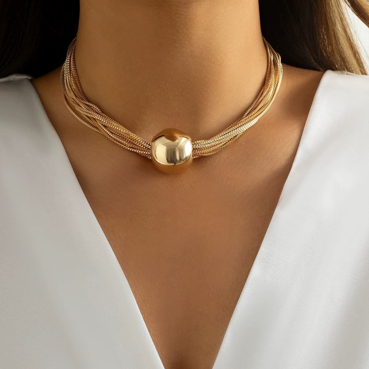Multi-layered chain stacking necklace simple niche geometric ball statement necklace choker