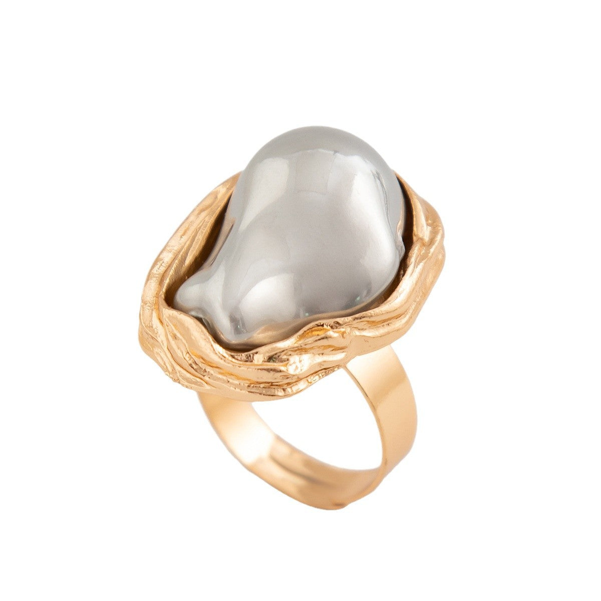 14K Gold Baroque Pearl Ring for Women – Unique Irregular adjustable Natural Pearl Statement Jewelry with Textured Band, Elegant Dainty Stackable Ring