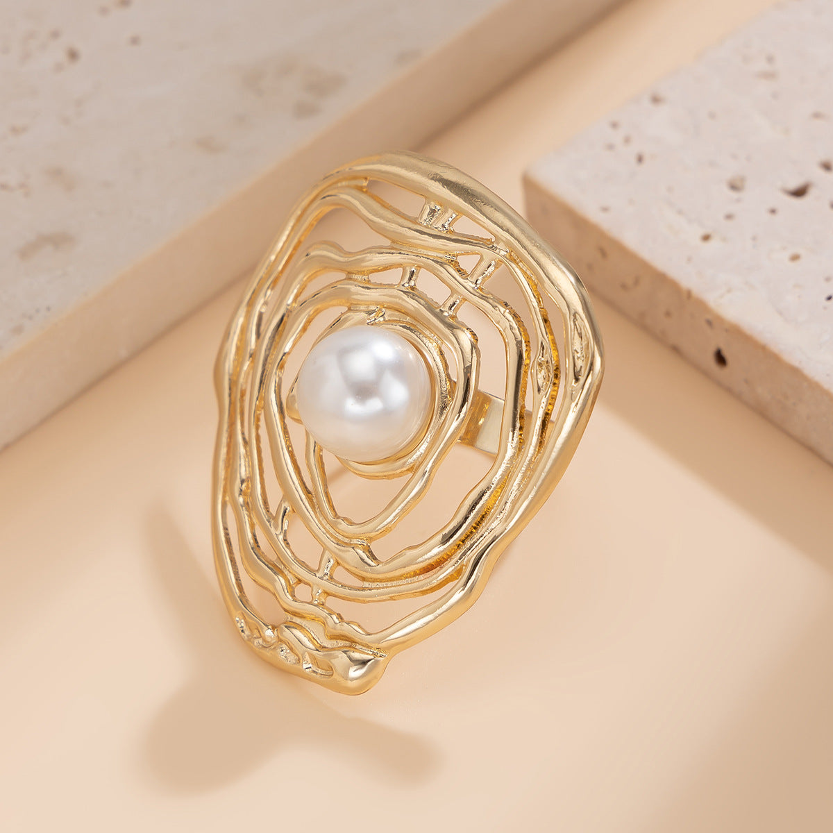 Irregular hollow winding imitation pearl ring ins style niche alloy open ring Product Category: Ring（0762）