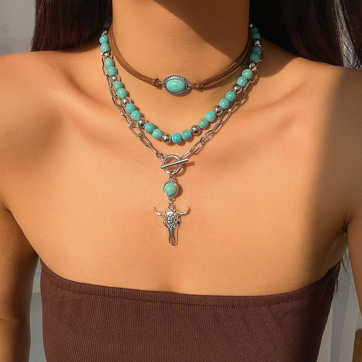 Vintage natural  turquoise collarbone mutlielayer chain niche bead necklace set ethnic style cactus necklace