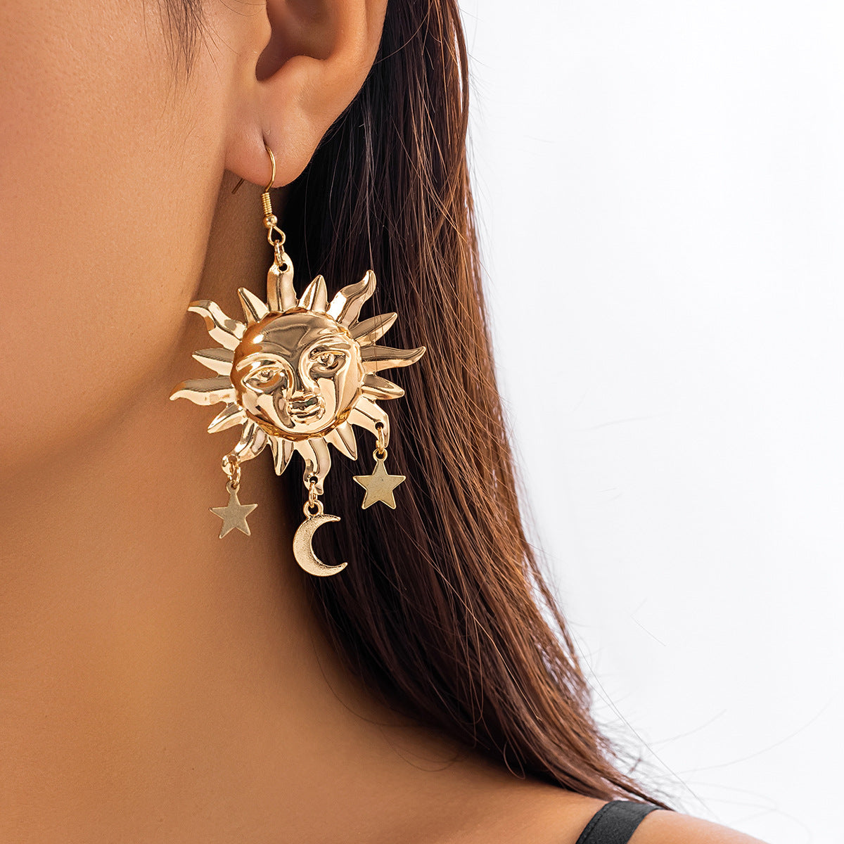 Golden Sun and Moon Dangle Earrings – Boho Celestial Star Earrings for Women, Trendy Statement Jewelry