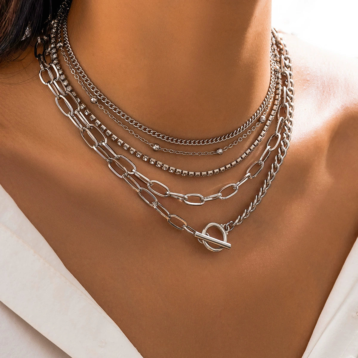 Luxury Layered Gold Necklace Set for Women – 5-Piece Mixed Chain Statement Jewelry with T-Bar Clasp collection chain necklace choker set