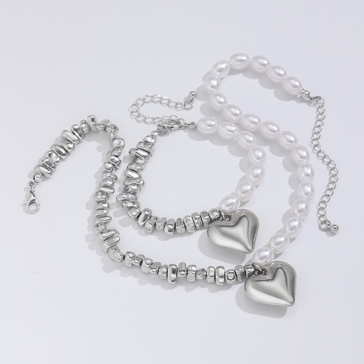 Hollow out versatile bead collarbone chain simple multi-layer heart-shaped alloy pendant necklace bracelet set