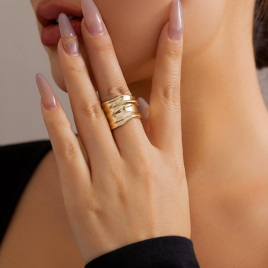 Design inspired liquid irregular lava ring set, fashionable and niche texture, pleated and open ring for women