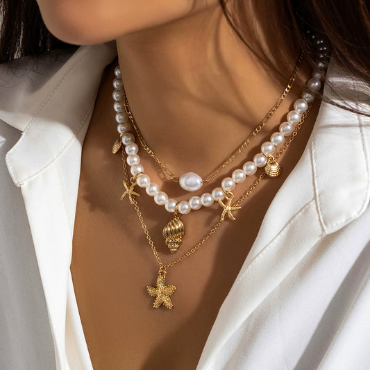 Stringed Bead Necklace, Beach Imitation Pearl Choker, Starfish Shell Retro Vacation Necklace