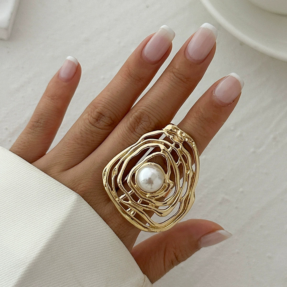 Irregular hollow winding imitation pearl ring ins style niche alloy open ring Product Category: Ring（0762）