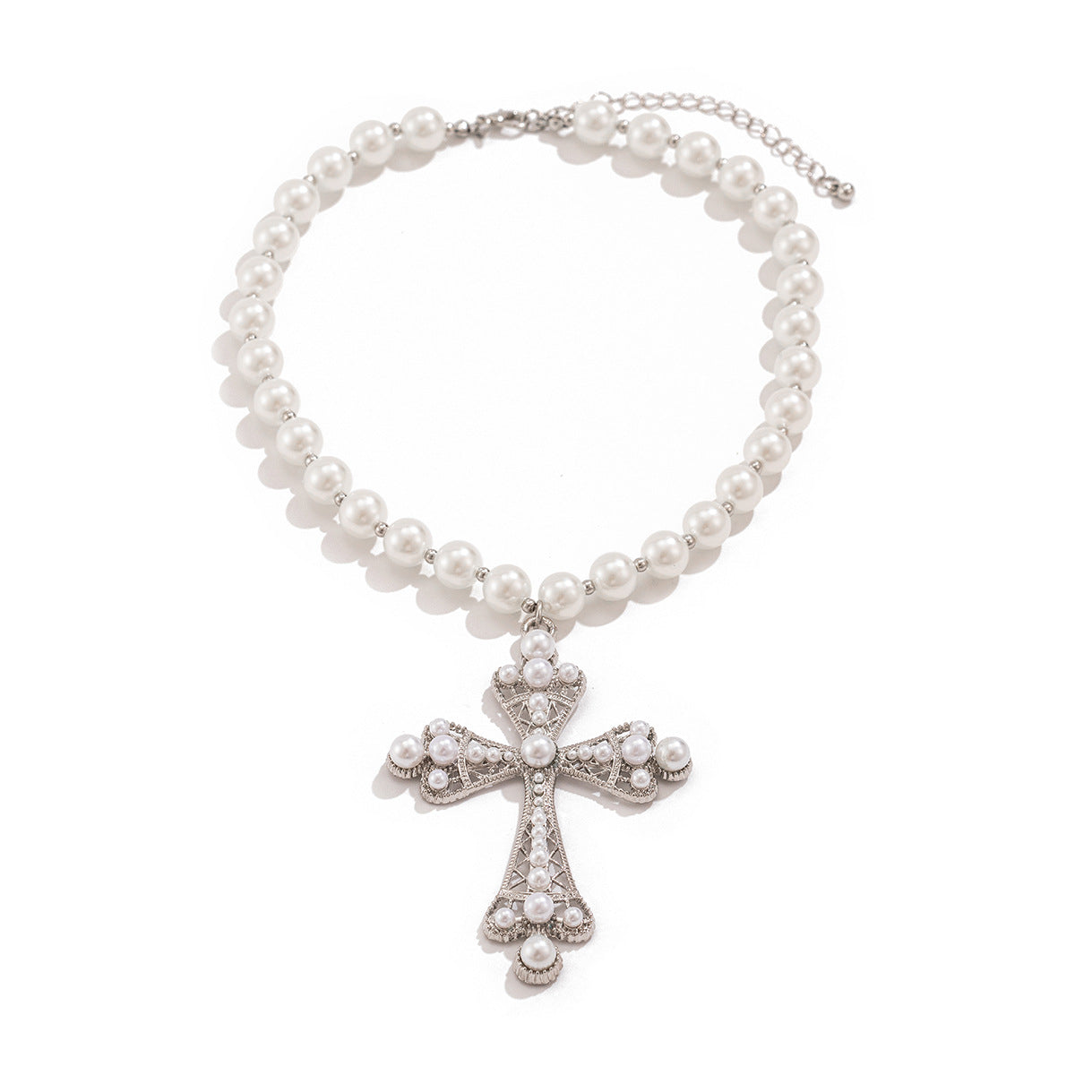 Fashionable multi-layer imitation pearl cross collar ins geometric alloy collarbone chain