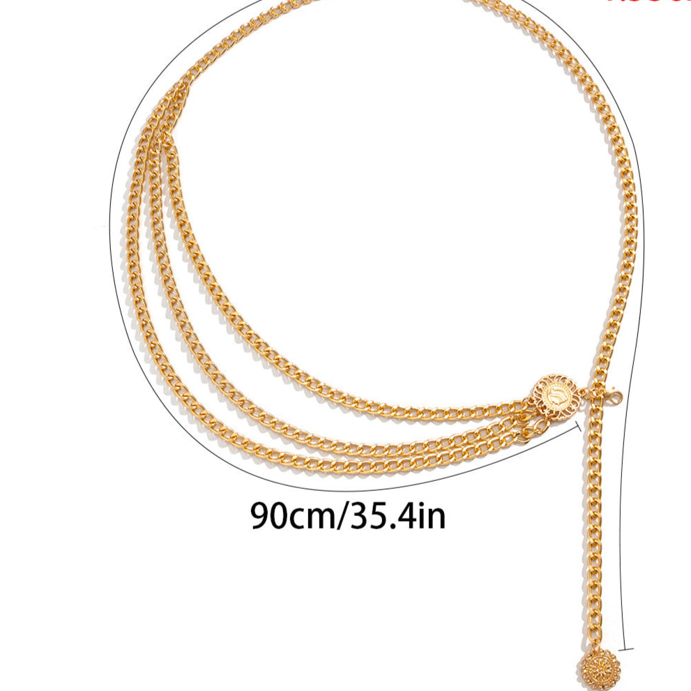Alloy multi-layer exaggerated body chain, female queen portrait, retro street photoshoot, waist chain