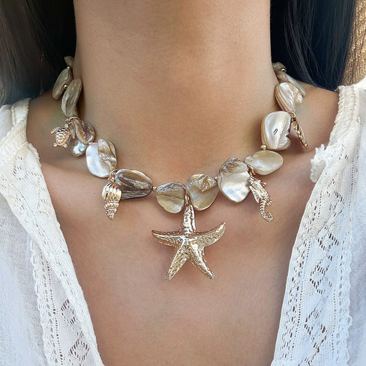 Beach vacation natural shell starfish collarbone chain ocean wind starfish versatile set necklace