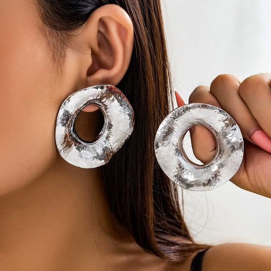 14K Exaggerated French Geometric Fashion Round Metal Earrings with Simple Irregular Texture Earrings, niche