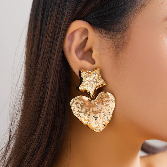 Metal heart-shape niche earrings retro versatile cool style striped earrings for women